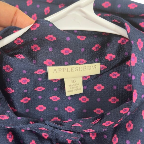 Appleseeds Womens Satin Navy & Pink Patterned Button-Down Blouse SZ 16 High Neck - Picture 3 of 13
